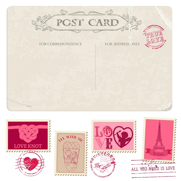 Vecteur carte postale vintage et timbres-poste