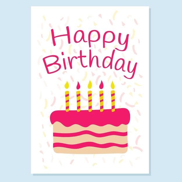 Carte Postale Avec Voeux D'anniversaire Gâteau Aux Bougies Illustration Vectorielle De Style Doodle