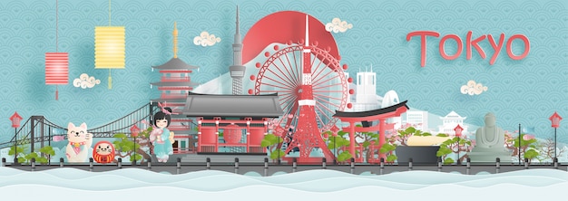 Vecteur carte postale de voyage, affiche, publicité de la visite des monuments de renommée mondiale du japon