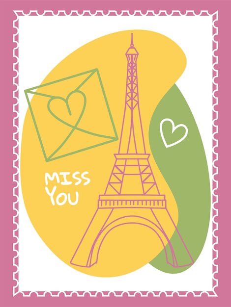 Vecteur carte postale d'un voyage avec les mots miss you lignes formes colorées cadre rose enveloppe coeur statuette