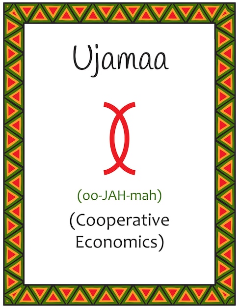 Vecteur une carte avec l'un des principes de kwanzaa symbole ujamaa signifie économie coopérative en swahili affiche avec un motif ethnique africain dans des couleurs traditionnelles illustration vectorielle