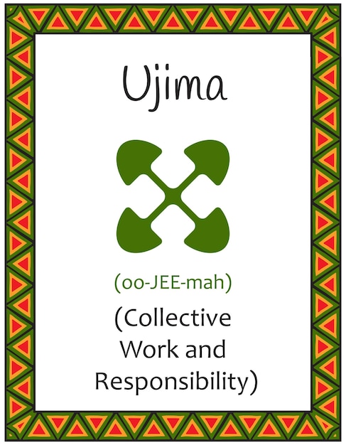 Vecteur une carte avec l'un des principes de kwanzaa symbole ujiima signifie travail collectif et responsabilité en swahili affiche avec un motif ethnique africain dans des couleurs traditionnelles illustration vectorielle