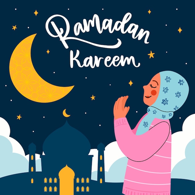 Carte de ramadan illustration femme priant dessinés à la main