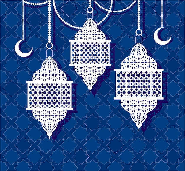 Carte Ramadan Kareem avec lanternes arabes et lune.