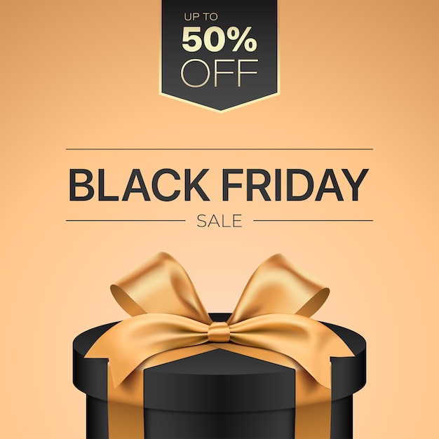 Carte de réduction Black Friday conception vectorielle avec style de luxe boîte cadeau noire enveloppée d'un ruban doré