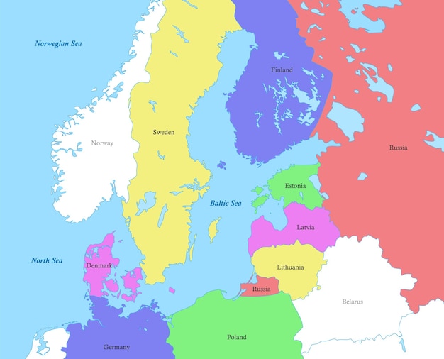 Vecteur carte de la région de la mer baltique avec les frontières des pays