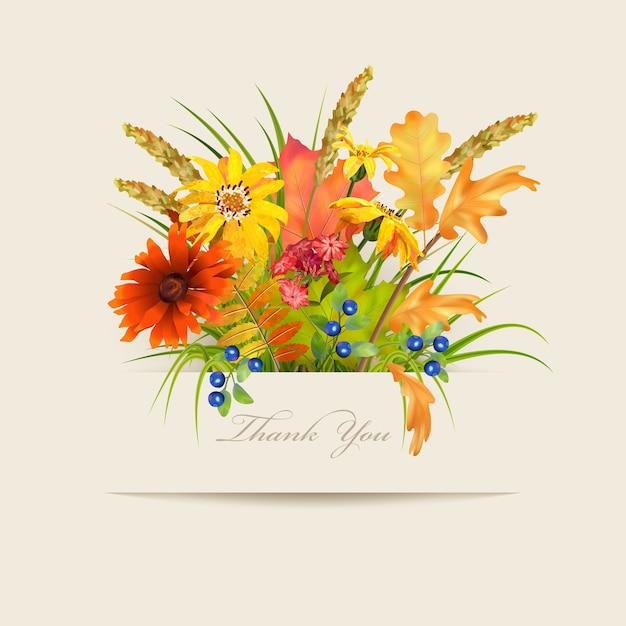 Vecteur carte de remerciement floral avec différentes fleurs et bannière en papier