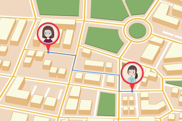 Carte avec repères indiquant la position GPS des personnes ou des amis dans la ville avec la direction