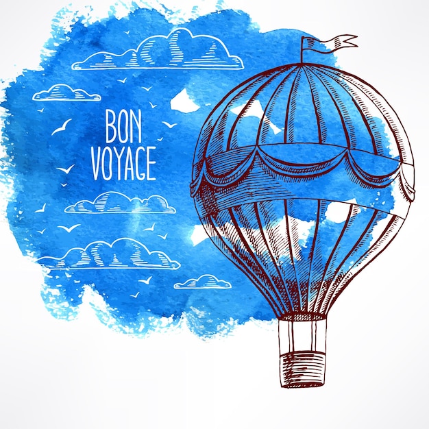 Carte Rétro Avec Un Ballon Volant Sur Fond Bleu Aquarelle. Illustration Dessinée à La Main