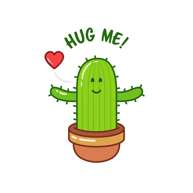 Carte Romantique Inspirante. Illustration Mignonne Dessinée à La Main. Cactus De Dessin Animé Avec Texte. Hug Me.