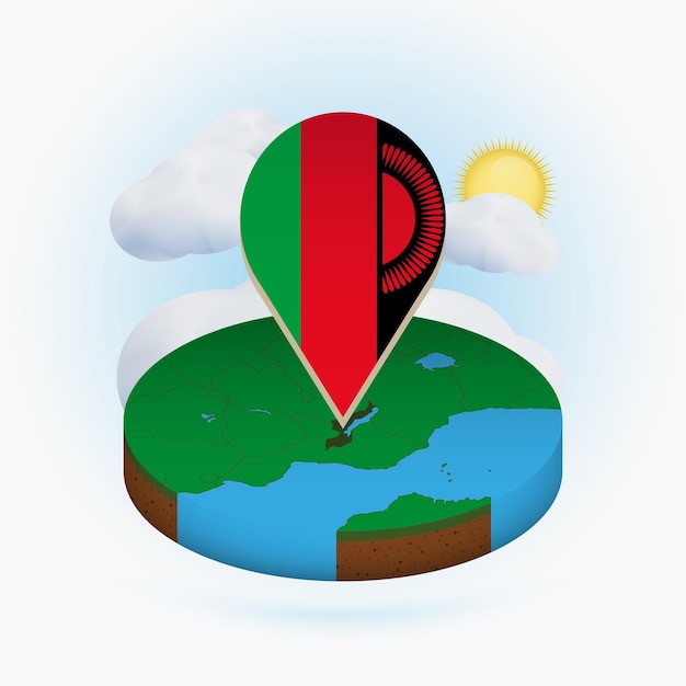 Carte Ronde Isométrique Du Malawi Et Marqueur De Point Avec Le Drapeau Du Malawi Nuage Et Soleil Sur Fond