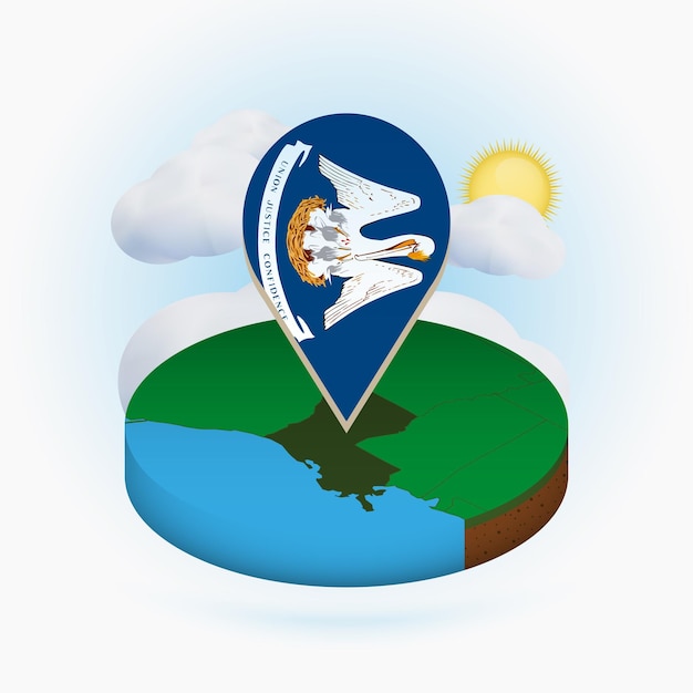 Carte Ronde Isométrique De L'état Américain De La Louisiane Et Marqueur De Point Avec Le Drapeau De La Louisiane Nuage Et Soleil Sur Fond