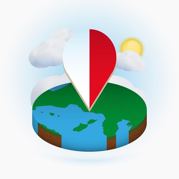 Carte Ronde Isométrique De Monaco Et Marqueur De Point Avec Le Drapeau De Monaco Nuage Et Soleil Sur Fond