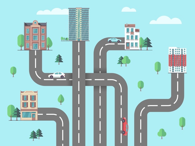 Carte routière des enfants Concept d'urbanisation de banlieue ou de ville Vue de dessus autoroute vers les bâtiments voiture conduisant à la maison illustration vectorielle plane Circulation routière et architecture et rue de la banlieue