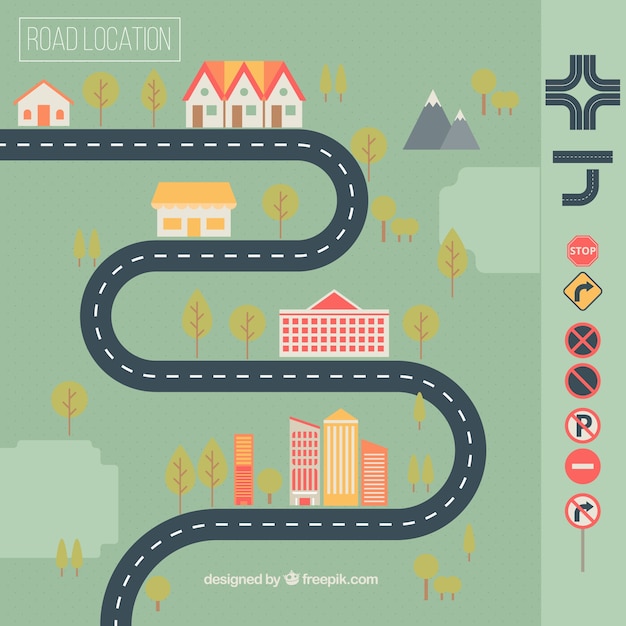 Vecteur carte routière avec des maisons et des panneaux de signalisation