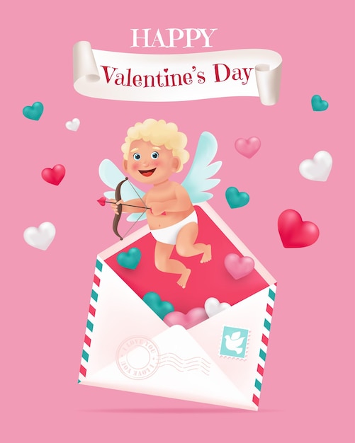 Carte De Saint Valentin Avec Des Coeurs Mignons De Cupidon Et Une Enveloppe Illustration Vectorielle Dans Un Style 3d De Dessin Animé