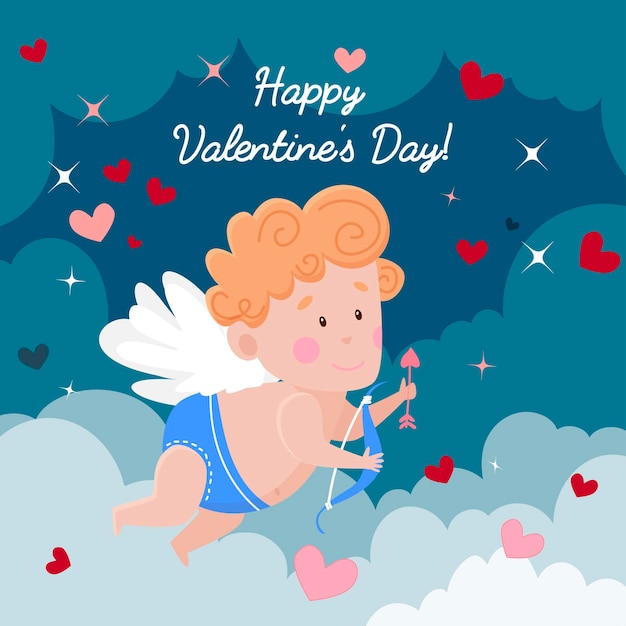 Carte de la Saint-Valentin heureuse. Cupidon avec arc et flèche à l'arc. Fond mignon