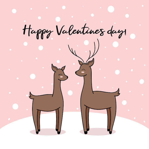 Carte De Saint Valentin Illustration Vectorielle De Style Doodle Joli Couple De Cerfs Forestiers Dans La Neige