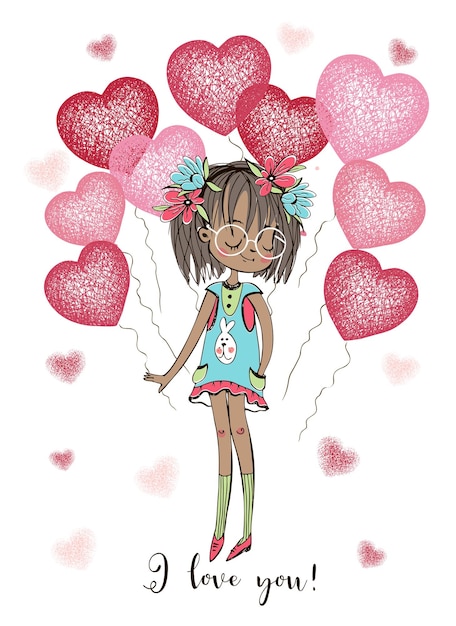 Une Carte De La Saint-valentin Une Jolie Fille Avec Des Ballons En Forme De Coeurs Vector