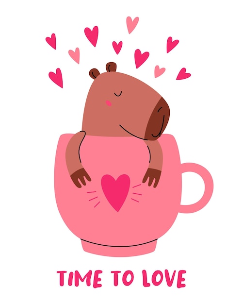 Carte De La Saint-valentin, Un Mignon Capybara Dans Une Tasse, Le Temps D'aimer.