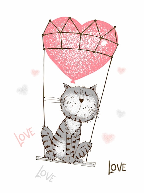 Vecteur une carte de la saint-valentin un mignon chat vole dans un ballon vector