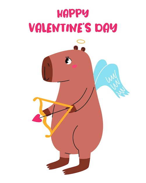 Vecteur une carte de la saint-valentin, un mignon cupid, un capybara, une bonne journée de la saint-valentin.