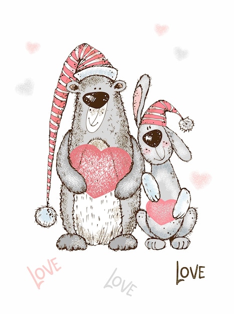 Vecteur une carte de la saint-valentin un mignon lapin et un ours en peluche avec un grand cœur vecteur