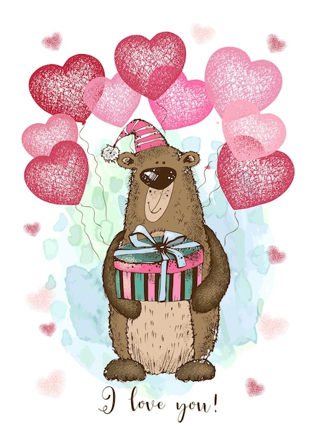 Vecteur une carte de la saint-valentin un mignon ours en peluche avec des ballons en forme de cœur arrière-plan à l'aquarelle vectoriel