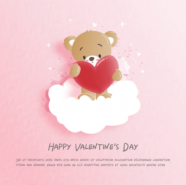 Carte De Saint Valentin Avec Mignon Ours En Peluche En Illustration De Style Papier Découpé.