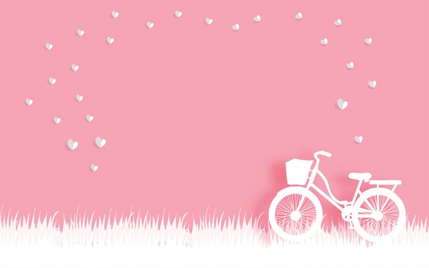 Carte De Saint Valentin Avec Vélo Et Coeur Flottant En Papier Coupé Style Illustration Vectorielle