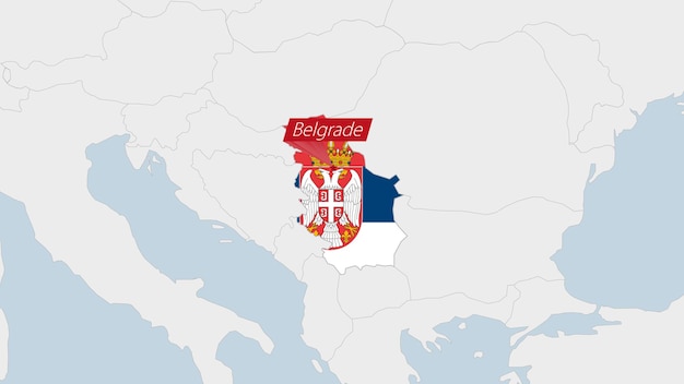 Vecteur carte de la serbie mise en évidence dans les couleurs du drapeau de la serbie et épingle de la capitale du pays belgrade