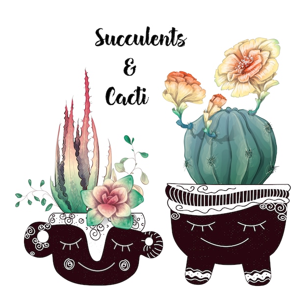 Carte avec set de cactus et plantes succulentes