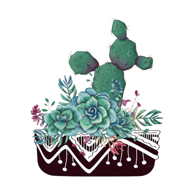 Vecteur carte avec set de cactus et plantes succulentes