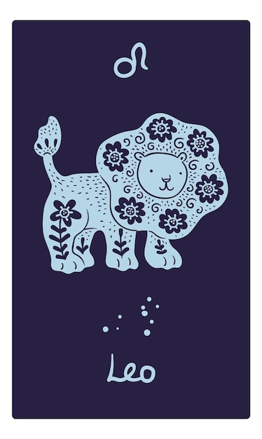 Carte De Signe Du Zodiaque Constellation Du Lion Symbole Astrologique Silhouette à Motifs Horoscope Animal Calendrier D'astrologie Lion Drôle Avec Ornement Floral Créature De Doodle Icône Zodiacale Vectorielle