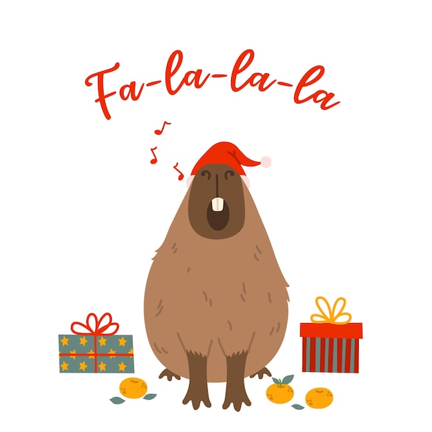 Vecteur carte avec des signes de capybara boîtes cadeaux chapeau rouge mandarines et texte fa la la la dans le style plat