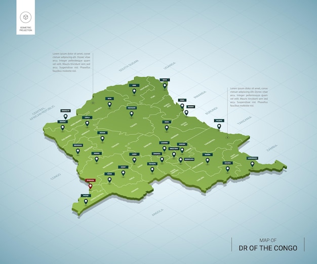 Carte Stylisée De La Rd Du Congo Carte Verte 3d Isométrique Avec Les Villes