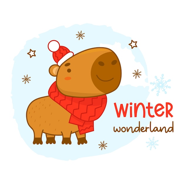 Vecteur carte sympa avec un joli capybara d'hiver en bonnet et écharpe tricotés, personnage animal drôle, rongeur