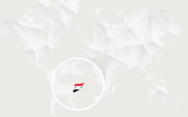 Vecteur carte de la syrie avec drapeau en contour sur la carte du monde polygonale blanche