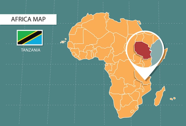 carte de la tanzanie en Afrique icônes de la version zoom montrant l'emplacement et les drapeaux de la tanzanie