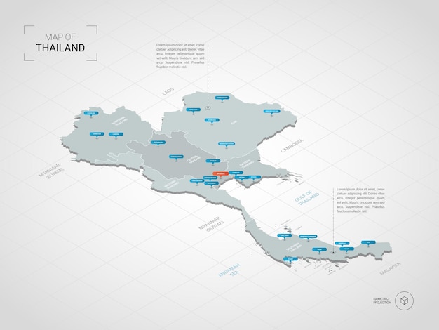 Carte de Thaïlande 3D isométrique.