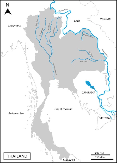 Vecteur carte de la thaïlande incluant les régions incluant le fleuve mékong et les pays frontaliers myanmar laos cam