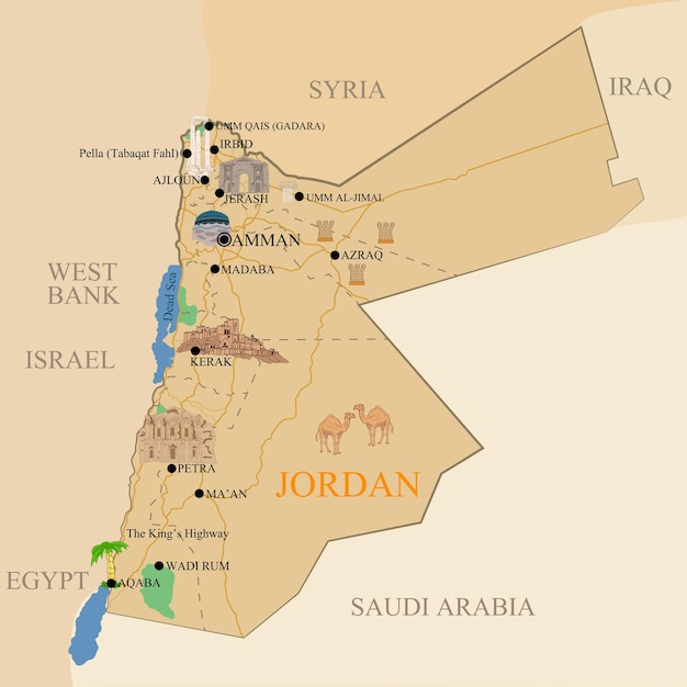 Vecteur carte touristique jordanienne avec une désignation de rappels culturels historiques