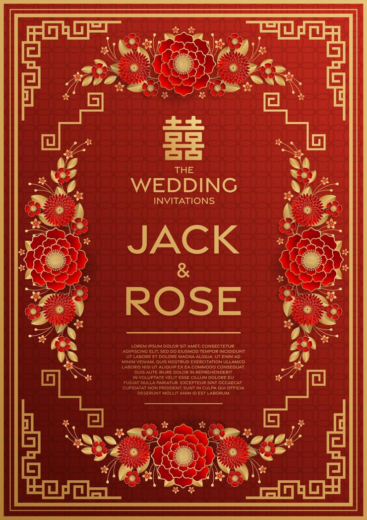 Carte traditionnelle de mariage chinois avec fond rouge et or Traduction double bonheur