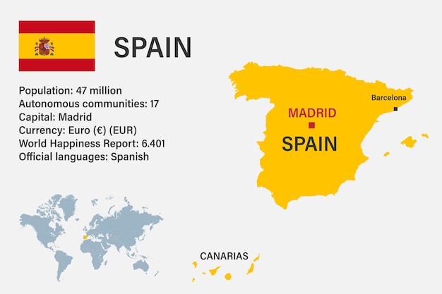 Vecteur carte très détaillée de l'espagne avec capitale du drapeau et petite carte du monde