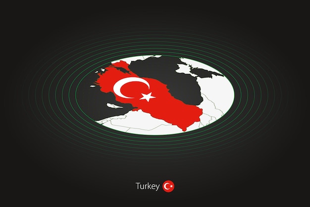 Carte De La Turquie En Couleur Sombre, Carte Ovale Avec Les Pays Voisins. Carte Vectorielle Et Drapeau De La Turquie