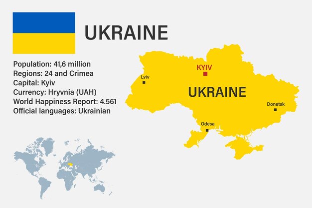 Vecteur carte ukrainienne très détaillée avec capitale du drapeau et petite carte du monde