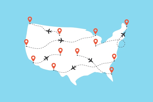 Carte des USA avec trajectoires de vol d'avion