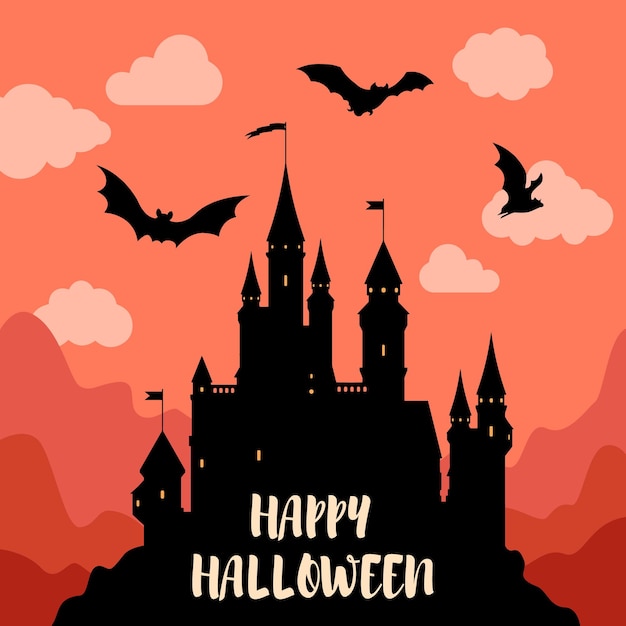 Carte de vacances avec vue imprenable sur le château, les chauves-souris dans le ciel et le texte Happy Halloween.