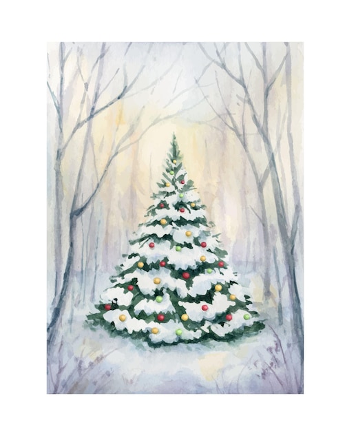 Une carte de vecteur aquarelle avec un sapin de Noël et une forêt d'hiver