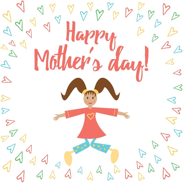 Carte De Vecteur Happy Mothers Day Avec Jolie Fille Sautante Et Lettres